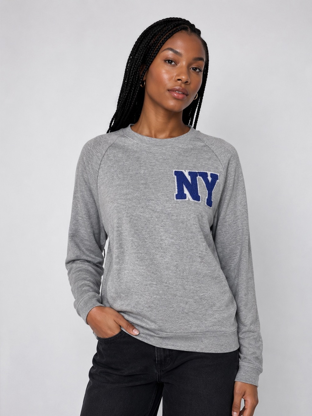 Project Social T Grey Crewneck Sweater with Blue NY Patch